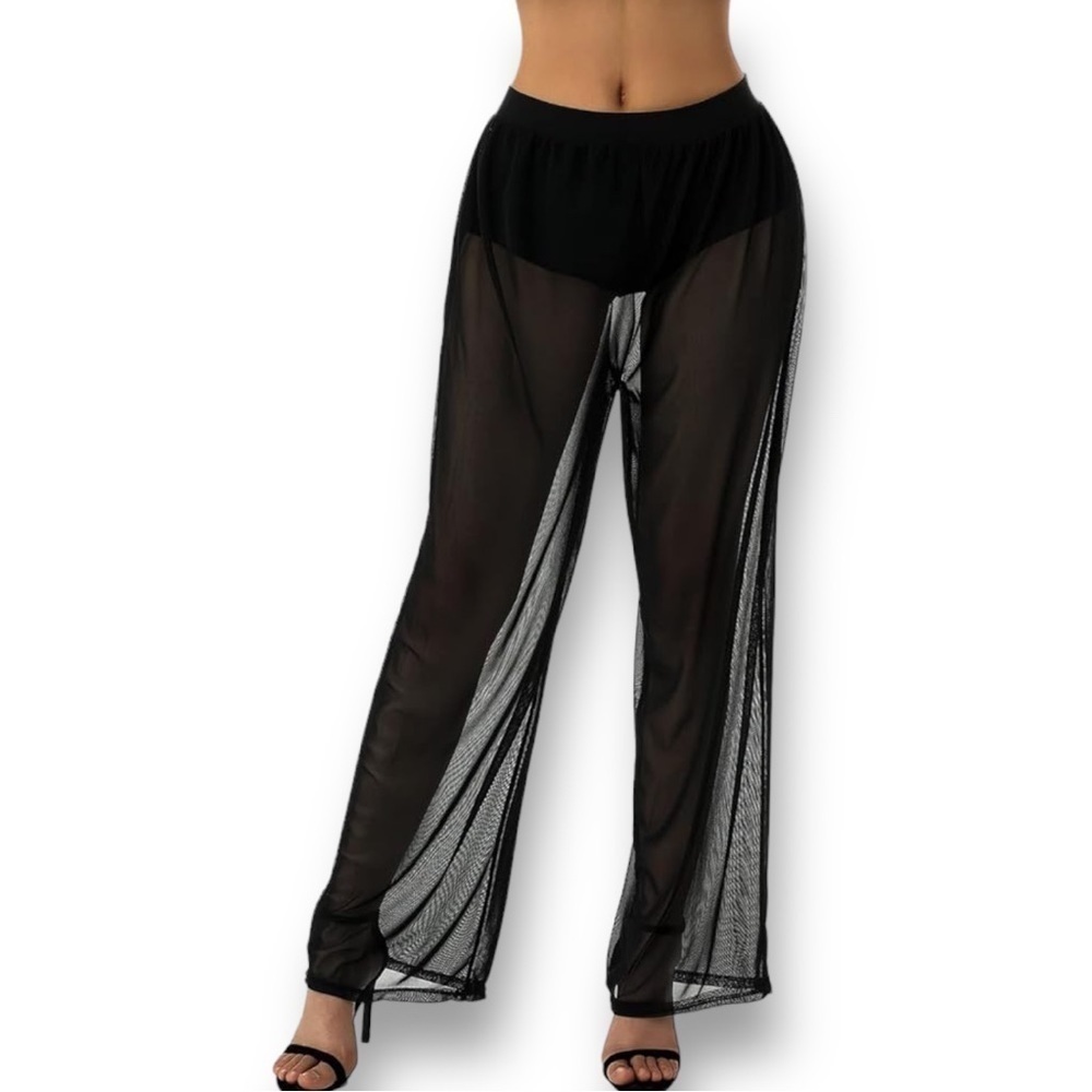 Scarlet Sheer Black Wide Leg Flare Pull On Lounge Pants,Beach,Swim Coverup Siz…
